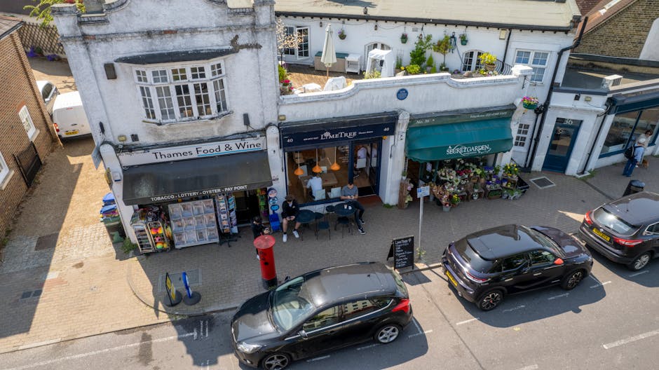 An aerial view of a storefront on Welling High Street showing three adjacent shops with distinct signage: 'Thames Food & Wine,' a café or restaurant with outdoor seating, and a florist with vibrant flower displays outside. The pavement in front of the shops features a red pillar box, a street coffee table with two people seated, and a chalkboard sign, indicating a busy commercial area. Several parked cars, including a black hatchback and a grey SUV, line the street directly in front of the shops. The scene is illuminated by daylight, with the top portion of the image revealing a garden terrace with potted plants and patio furniture on an upper level behind the storefronts, suggesting a mix of retail and residential zones. This setting illustrates typical urban shopfronts and street parking, relevant to home relocation or furniture transport services offered by Man With a Van Welling, especially in the context of local moves on Welling High Street.