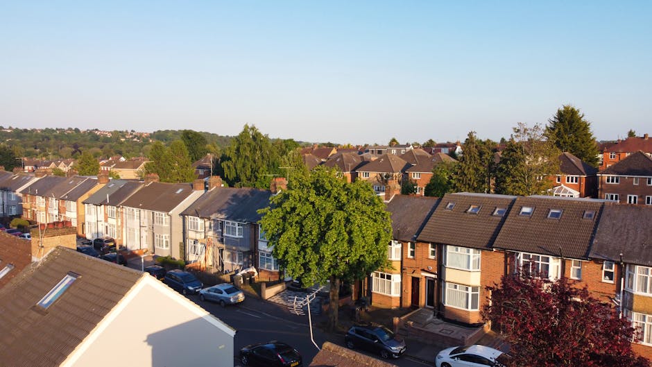 An aerial view of a residential street during daylight hours, showing a row of terraced houses with pitched roofs, some with skylight windows. A large green tree is centrally located, partially obscuring the view of some houses. Parked cars line the narrow street, which is paved with asphalt, and the pavement features small retaining walls and steps leading to house entrances. The scene takes place outside a typical UK home, with outdoor areas and driveways visible, illustrating surroundings where a professional home removal or furniture transport service like Man With a Van Welling might operate during the loading process of a house relocation. The natural lighting emphasizes the details of the houses, vehicles, and greenery, reinforcing the context of furniture transport and packing during a residential move.